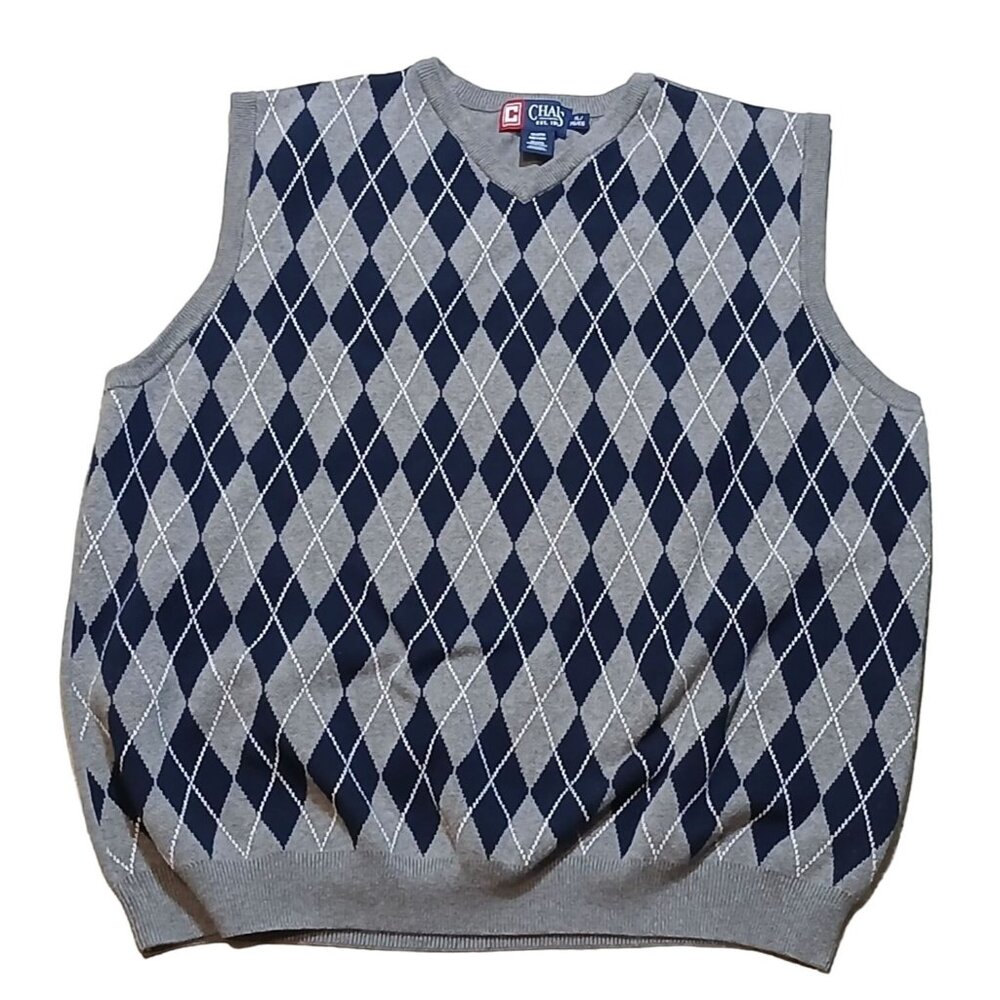Chaps Mens Argyle Sweater Vest Gray Blue Vneck Ribbed Hem Size XL